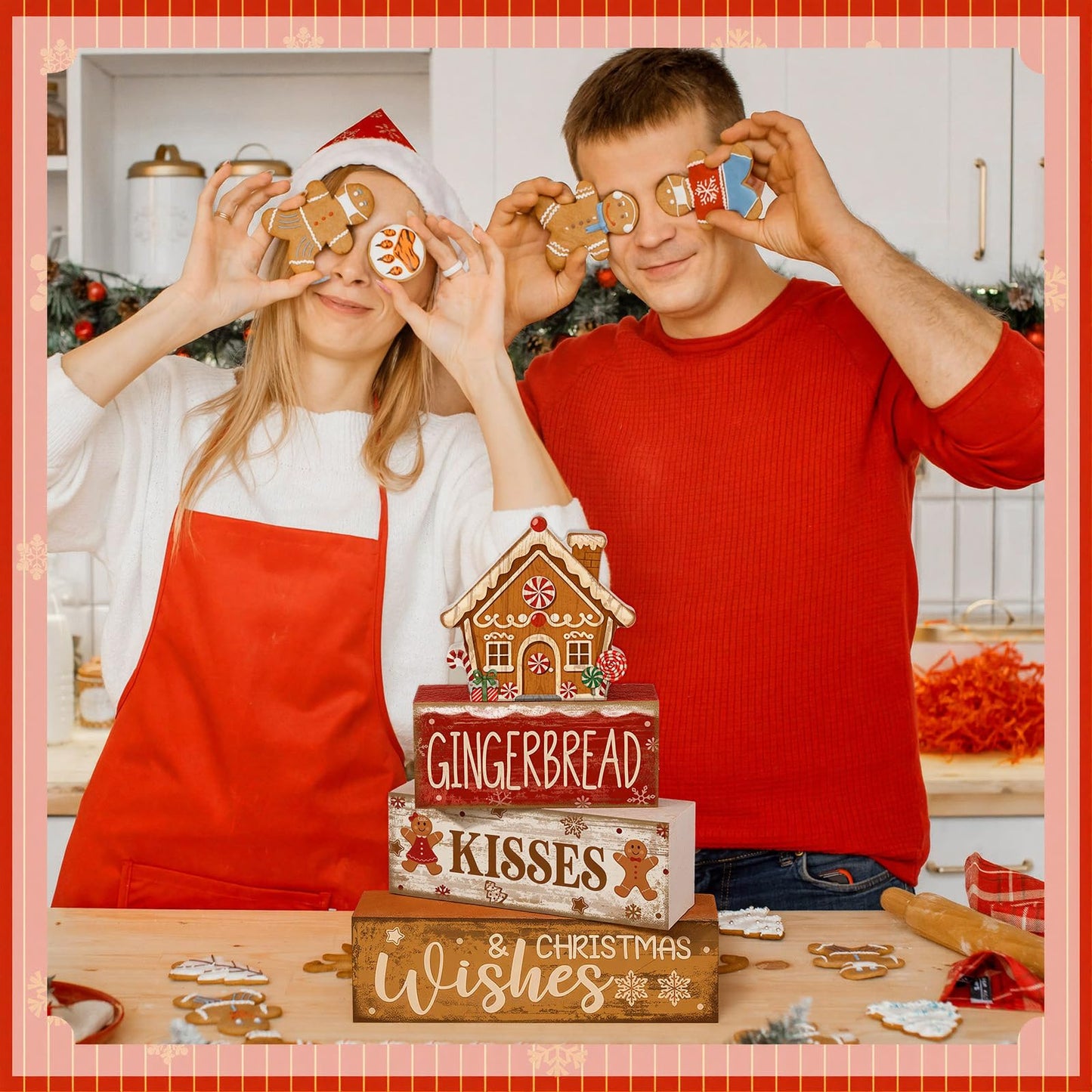 Moucuny 4 Pcs Christmas Table Decoration Gingerbread House Wooden Stacked Block Decor Gingerbread Centerpiece Block Signs Rustic Christmas Tiered Tray Decoration for Home Kitchen Coffee Bar