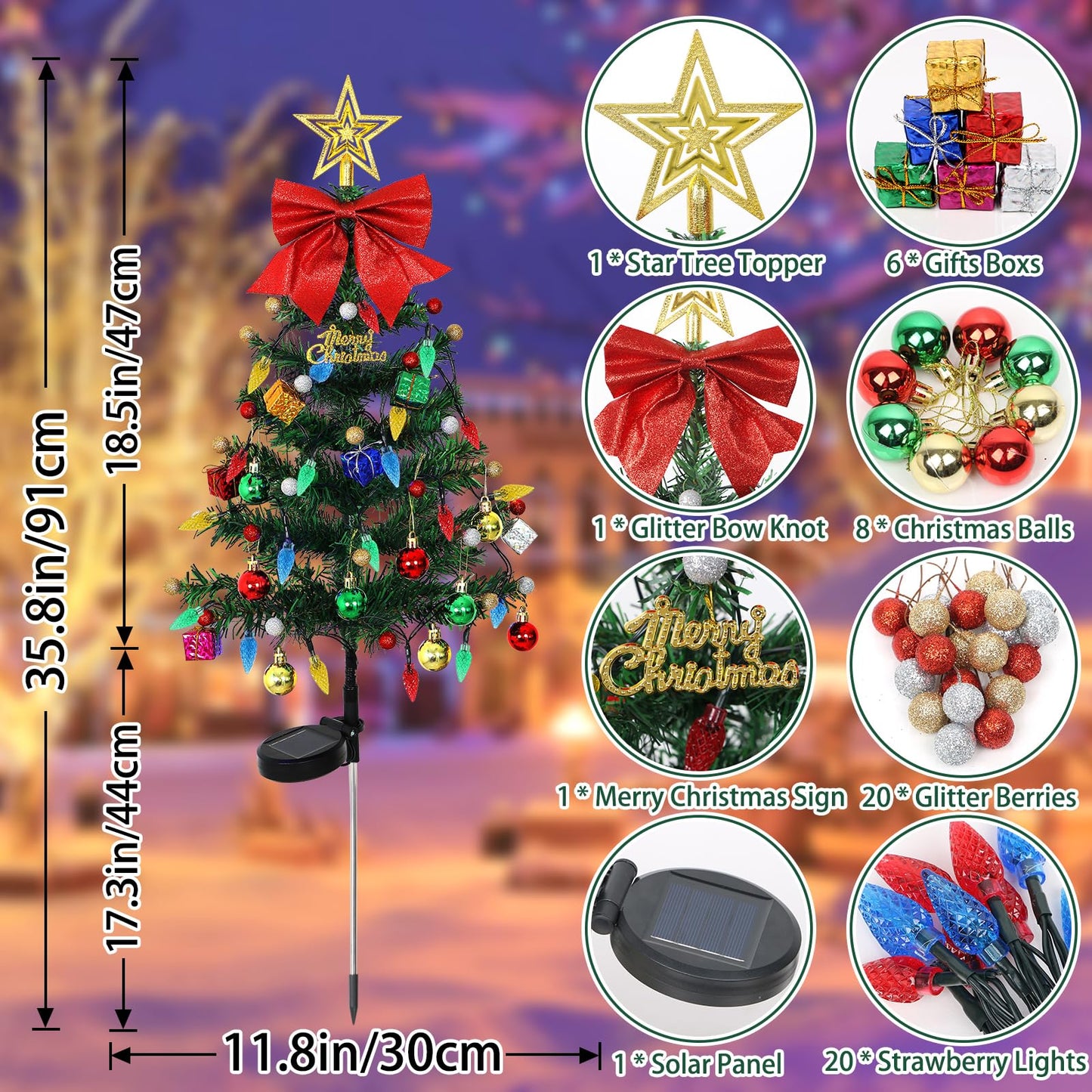 LOMOHOO 2 Packs Solar Christmas Tree 35.8in Outdoor Prelit Lighted Christmas Tree 2 Flashing Modes Solar Xmas Trees with 40 LED Lights for Holiday Porch Yard Garden Patio Cemetery Pathway