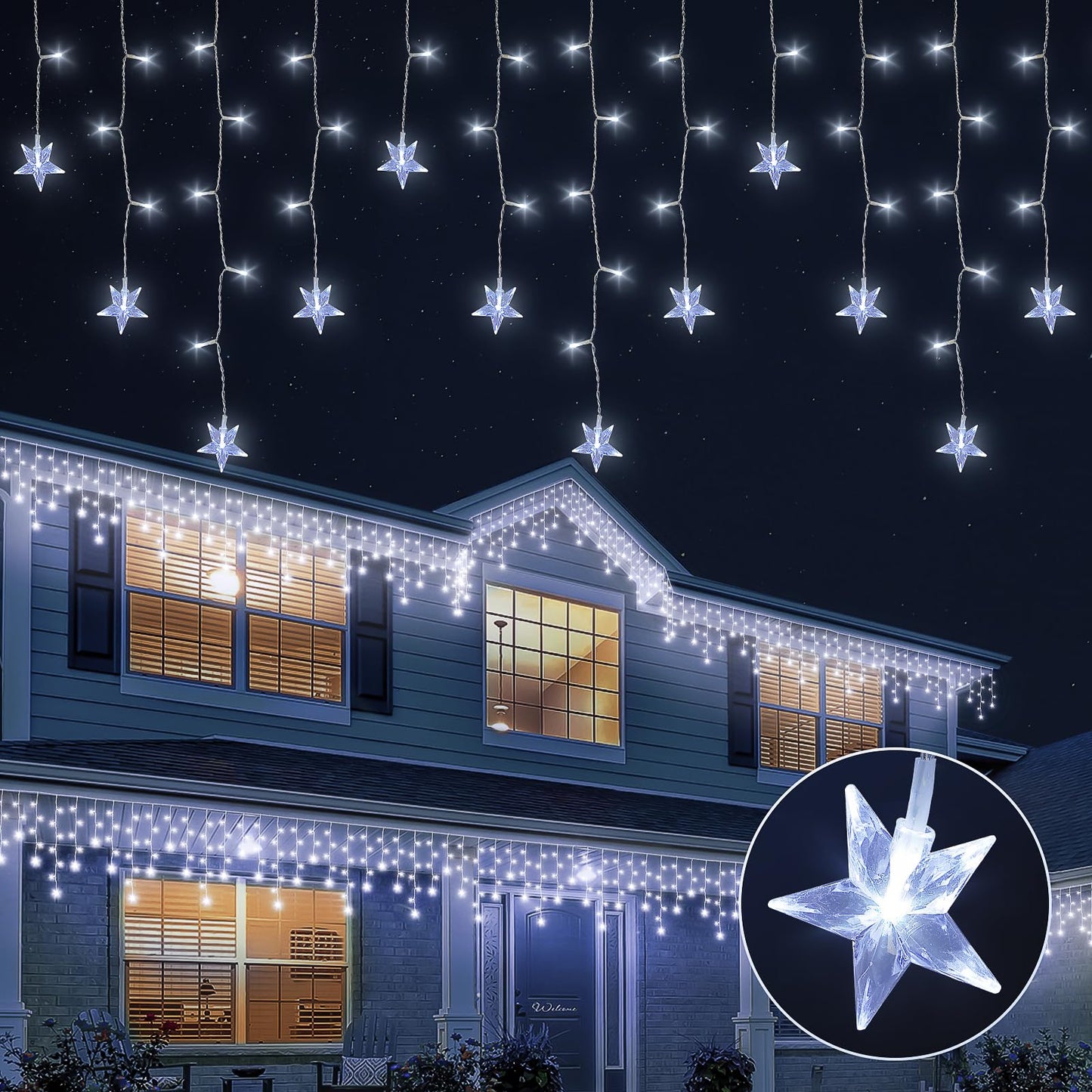 oopswow 16.5FT 200 LED Icicle Lights Outdoor, White Icicle Curtain Light,40 Drops 8 Modes with Timer Star Light,Hanging String Lights for Backdrop,Wedding,Party, Holiday,Xmas Decor,White