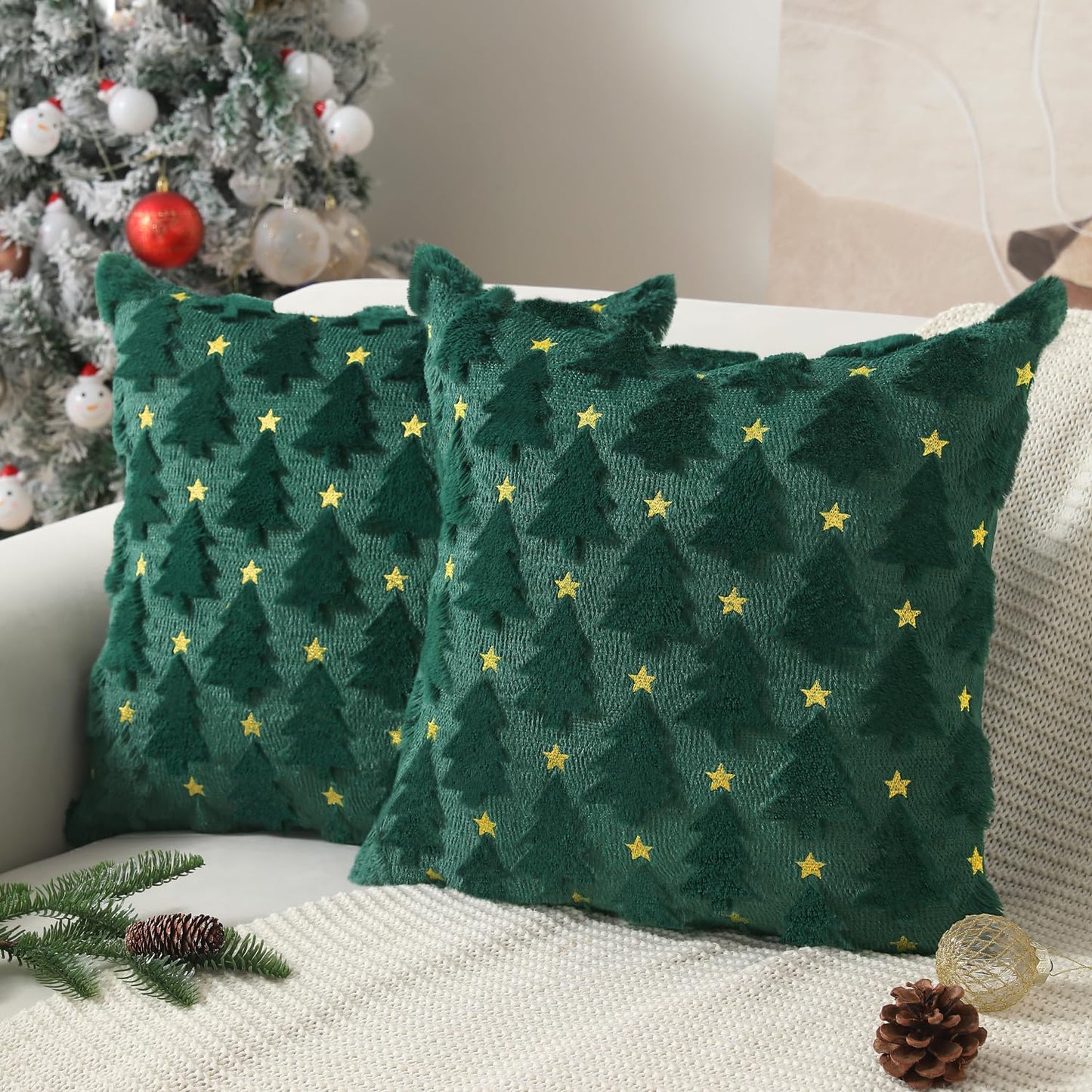 Allorry Christmas Pillow Covers 18 x 18 inch Set of 2 Dark Green Christmas Tree Pillow Covers Decorations Plush Faux Fur Soft Cushion Case for Winter Xmas Holiday Home Bedroom Sofa Decors PT004-A18
