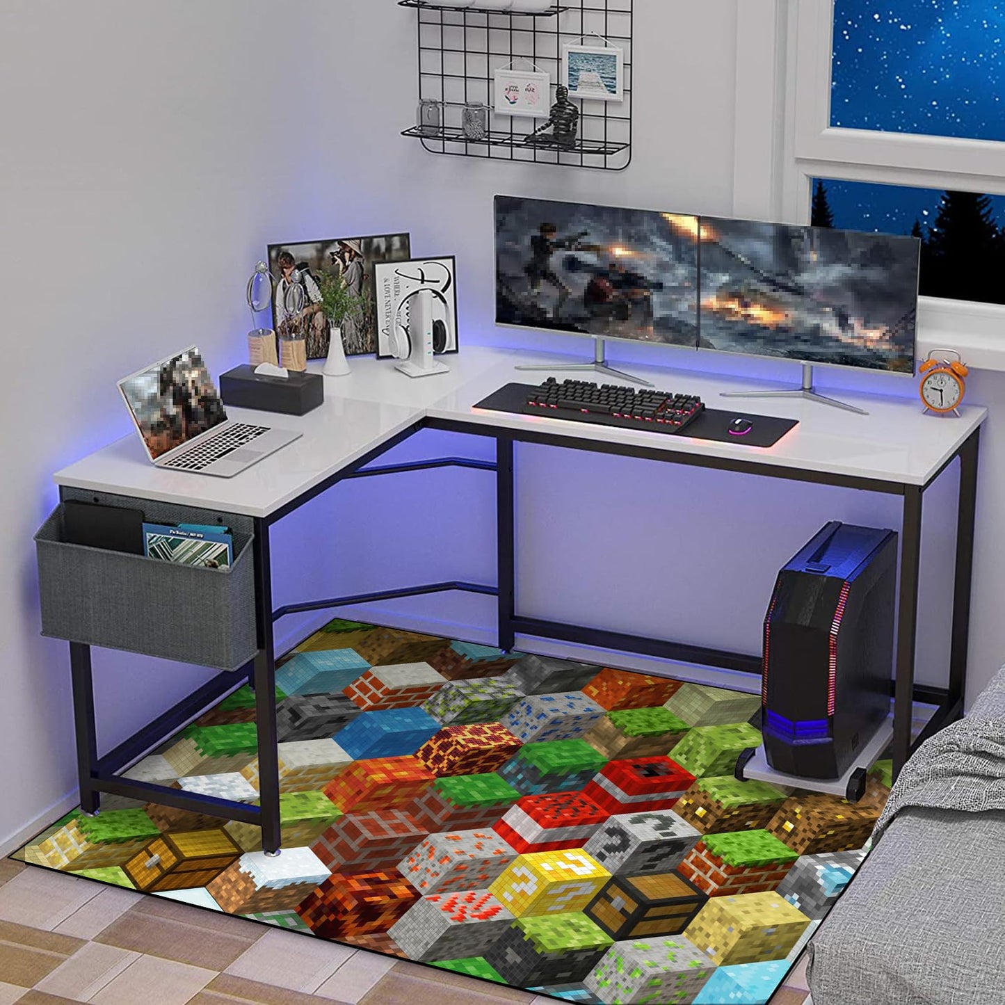 Block Game Rug Teen Boys Carpet with Pixel Games Element Decoration Mat, Cube Block Game Rugs for Boy’s Bedroom Living Room Playroom, Non-Slip Children Gaming Area Rugs (60" x 40")