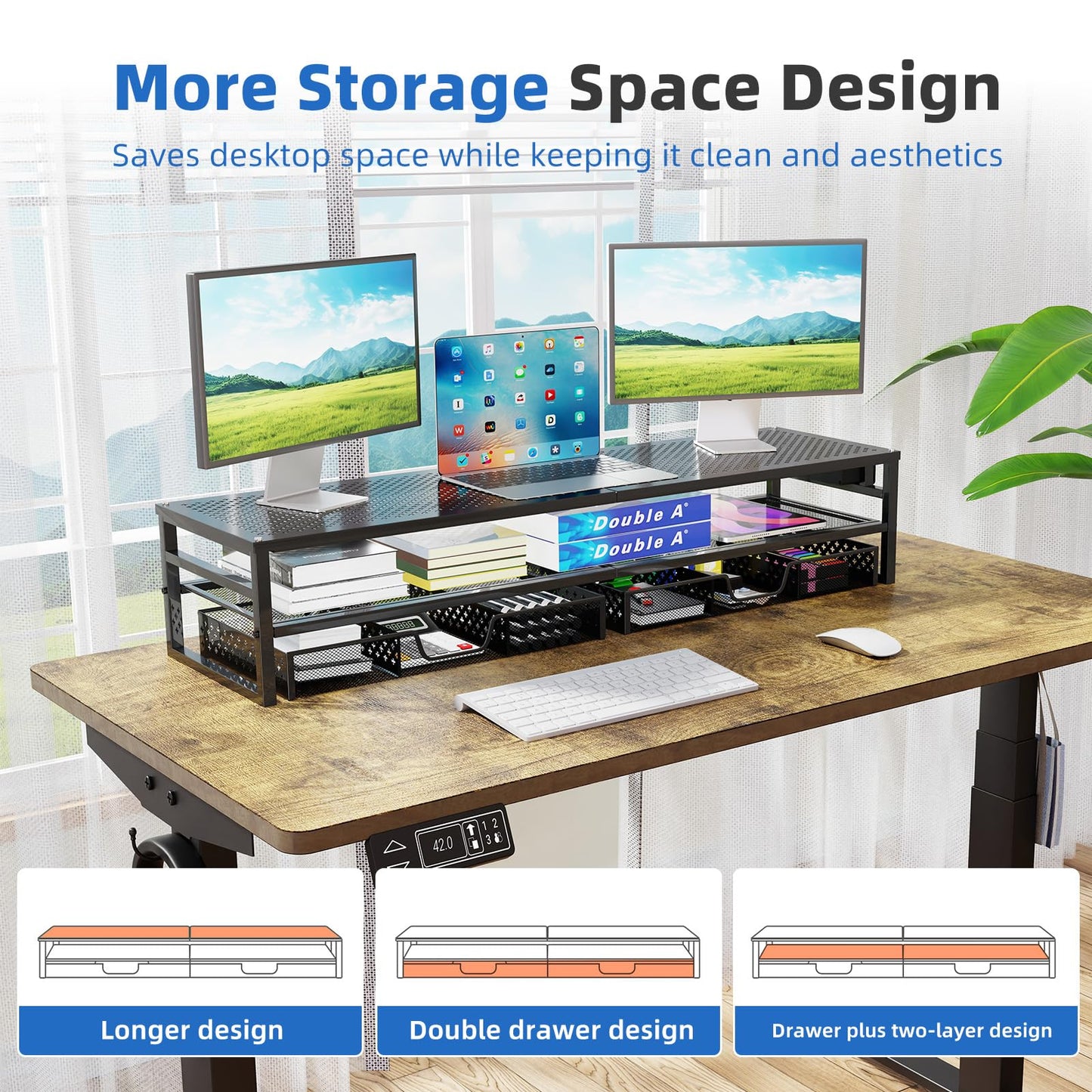 Simple Trending 2 Tier Metal Monitor Stand Riser with USB 2.0 and Charging Prot , Computer Office Desktop Organizer for 2 Monitors with 2 Drawer Storage and Reusable Cable Ties for Printer, TV, Black