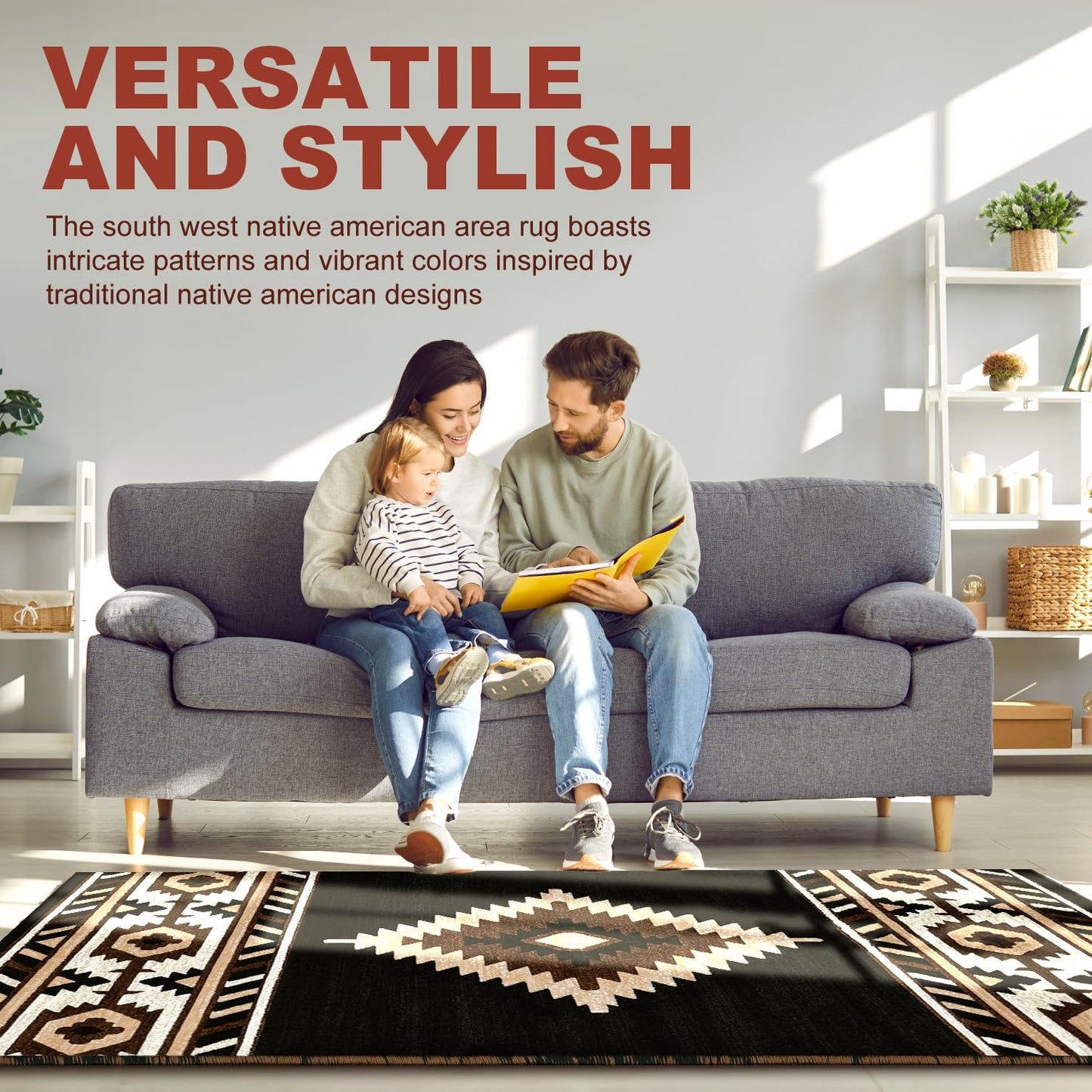 YHSF Southwestern Area Rug - Anti Static, Washable, Soft Native American Tribal Floor Rugs for Living Room, Bedroom, Hallways, and More - Easy-to-Clean Home Decors - Black, 2 Feet x 3 Feet