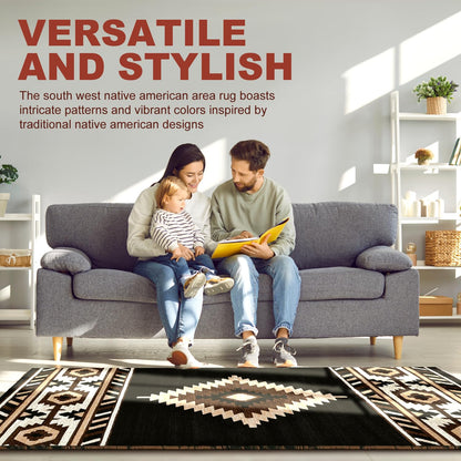 YHSF Southwestern Area Rug - Anti Static, Washable, Soft Native American Tribal Floor Rugs for Living Room, Bedroom, Hallways, and More - Easy-to-Clean Home Decors - Black, 2 Feet x 3 Feet