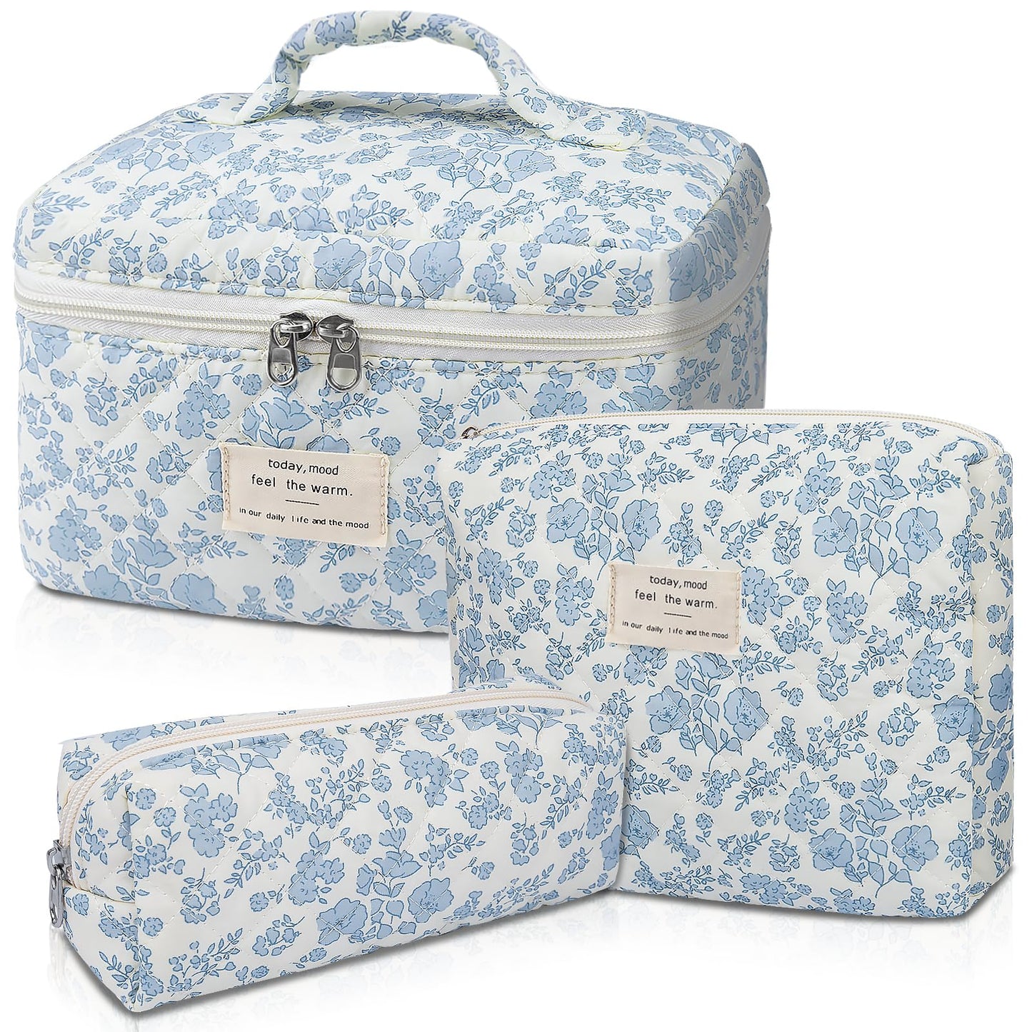Gosect Makeup Bag, Large Quilted Cosmetic Bag, Big Floral Make Up Bag for Women Girls, Cute Cotton Makeup Bag Set, Flower Travel Toiletry Organizer Bag (Blue Flower)