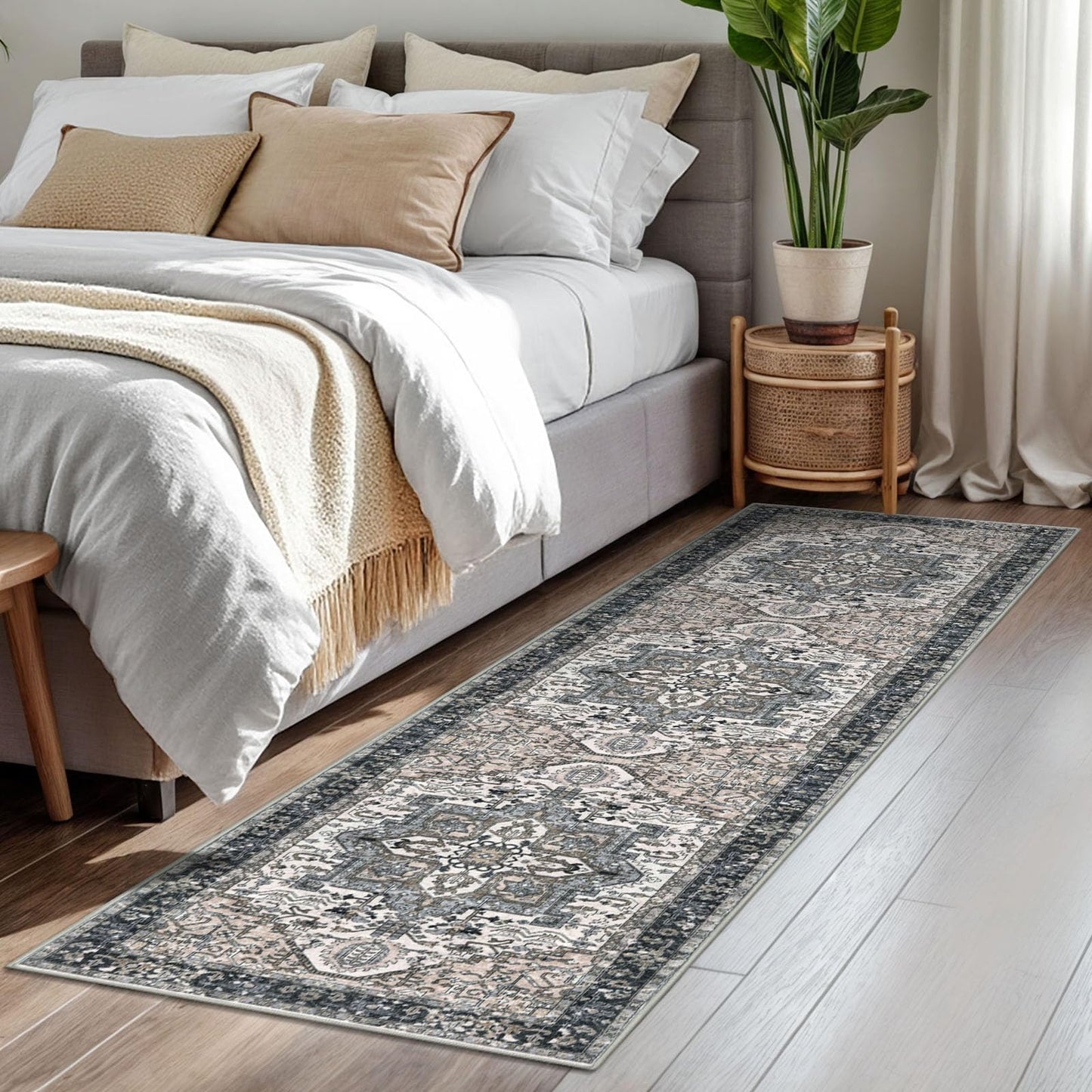 KOZYFLY Runners for Hallways 2x7 Ft Washable Kitchen Runner Rug Boho Runner Rug for Entryway Indoor Printed Faux Wool Long Floor Carpet Runner for Bedroom Laundry Kitchen Hallway, Black/Taupe/Beige