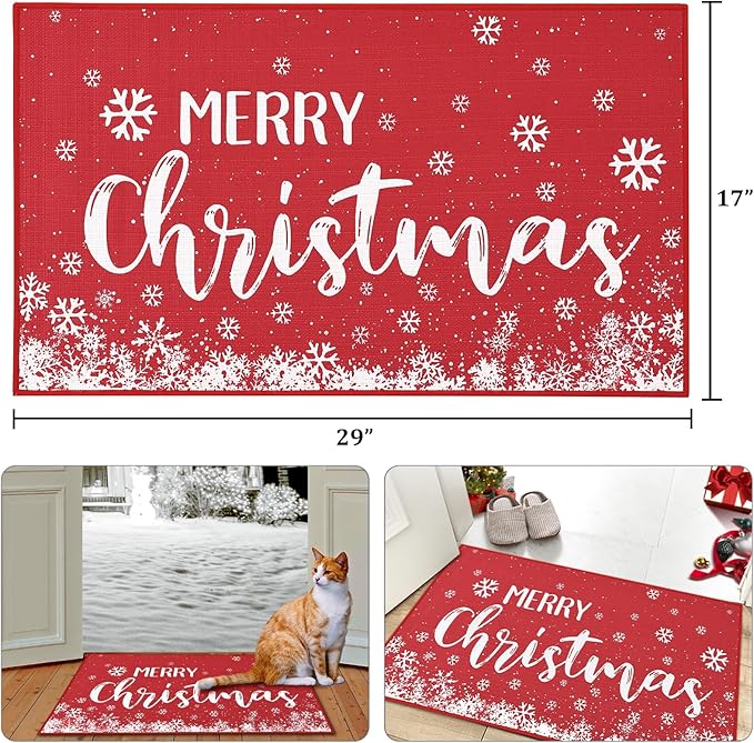 CAROMIO Christmas Doormat Holiday Door Mat Winter Christmas Snowflake Indoor/Outdoor Welcome Mat Floor Doormat for Home Decoration Christmas Rug Entryway Front Porch Decor, Red, 17x29 Inch