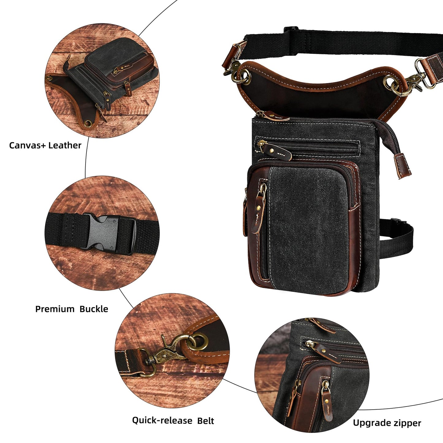 Handadsume Water Resistant Canvas + Leather Motorcycle Fanny Waist Pack One Shoulder Drop Leg Thigh Bag For Men Women FB211-6 (Z-211-11-Black)