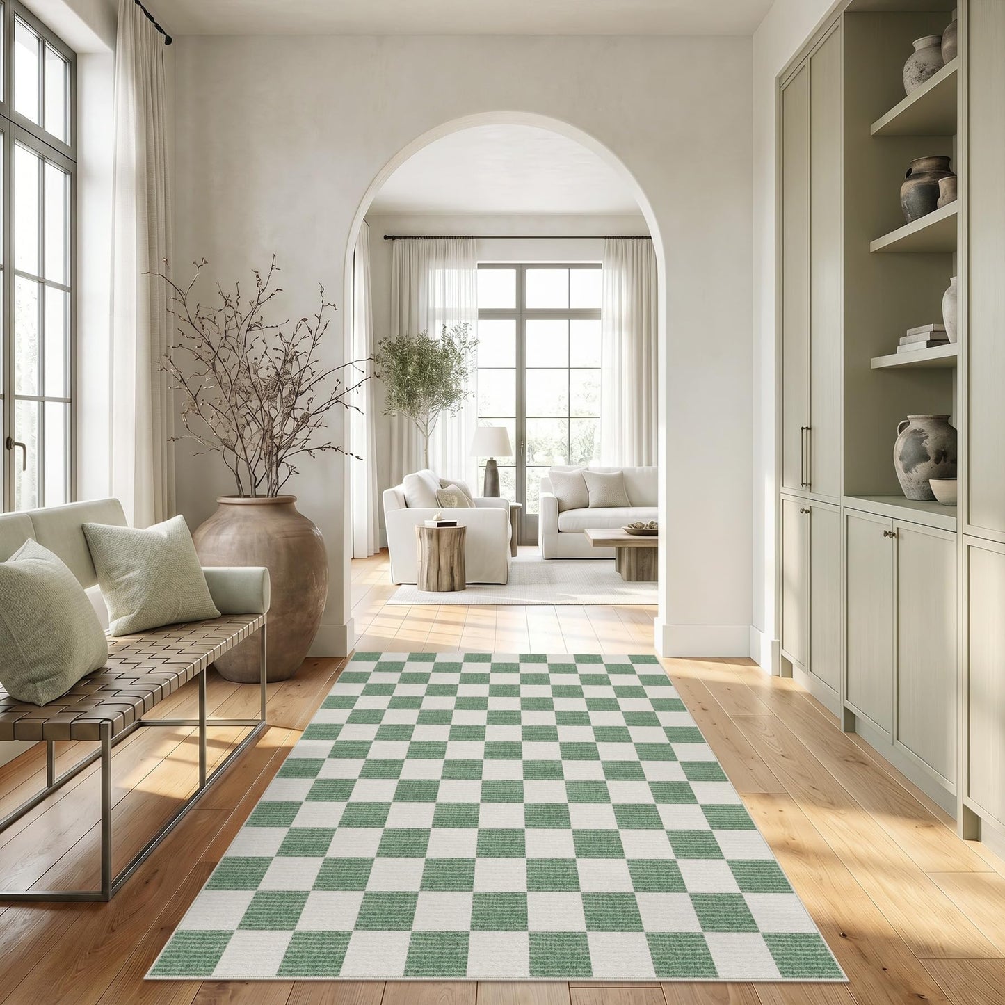 Tribesigns Checkered Washable 5x7 Area Rugs for Living Room, Soft Non-Slip Sage Green Rug for Bedroom, Geometric Printed Dining Room Carpet for Office Playroom Decor, Oeko-Tex Certified