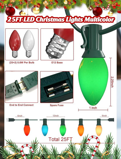 C7 LED Christmas Lights Outdoor,25FT Multicolor C7 Christmas Lights Indoor with 27 0.6w Bulb Fit E12 Base,Xmas Light Outdoor for House, Yard, Garden, Christmas Tree Decoration, Green Wire