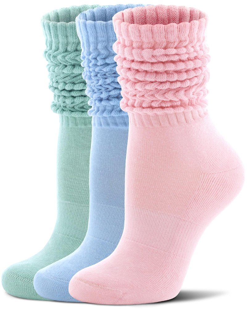 FITRELL Slouch Socks for Women, 3 Pairs Soft Cotton Knee High Scrunch Tube Boot Socks, Light Pink+Green+Blue, Shoe Size 6-8