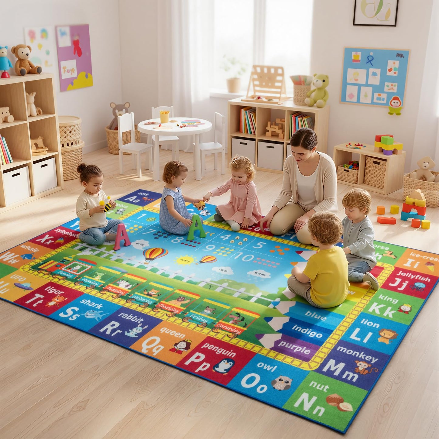 ST. BRIDGE Educational Kids Area Rug 6x9 Feet, Non Slip Play Mat Learning with ABC Alphabet, Numbers & Animals for Preschool Toddler, Soft Washable Carpet for Playroom Nursery Classroom Bedroom