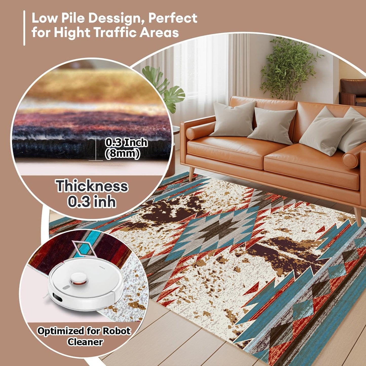 DECORAISES Combo Rustic Western 3x5 ft Area Rug, 4 Pcs Non-Slip Rug Tape, Southwestern Style, Polyester, Rectangular, Indoor, 8cm Thick, Machine-Woven, Spot Clean Only