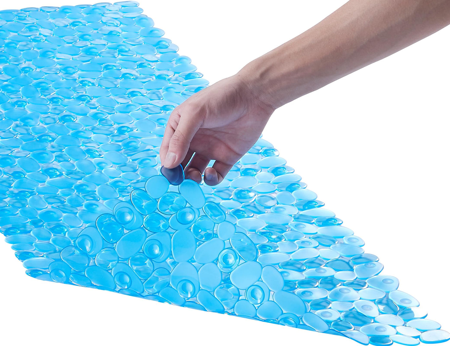 Webos Bath Shower Mat Non Slip: Extra Large Pebble Bathtub mat for Families, Anti Slip Shower Matt with Drain Holes Suction Cups Tub Mat - 16 X 40 Inch Clear Blue