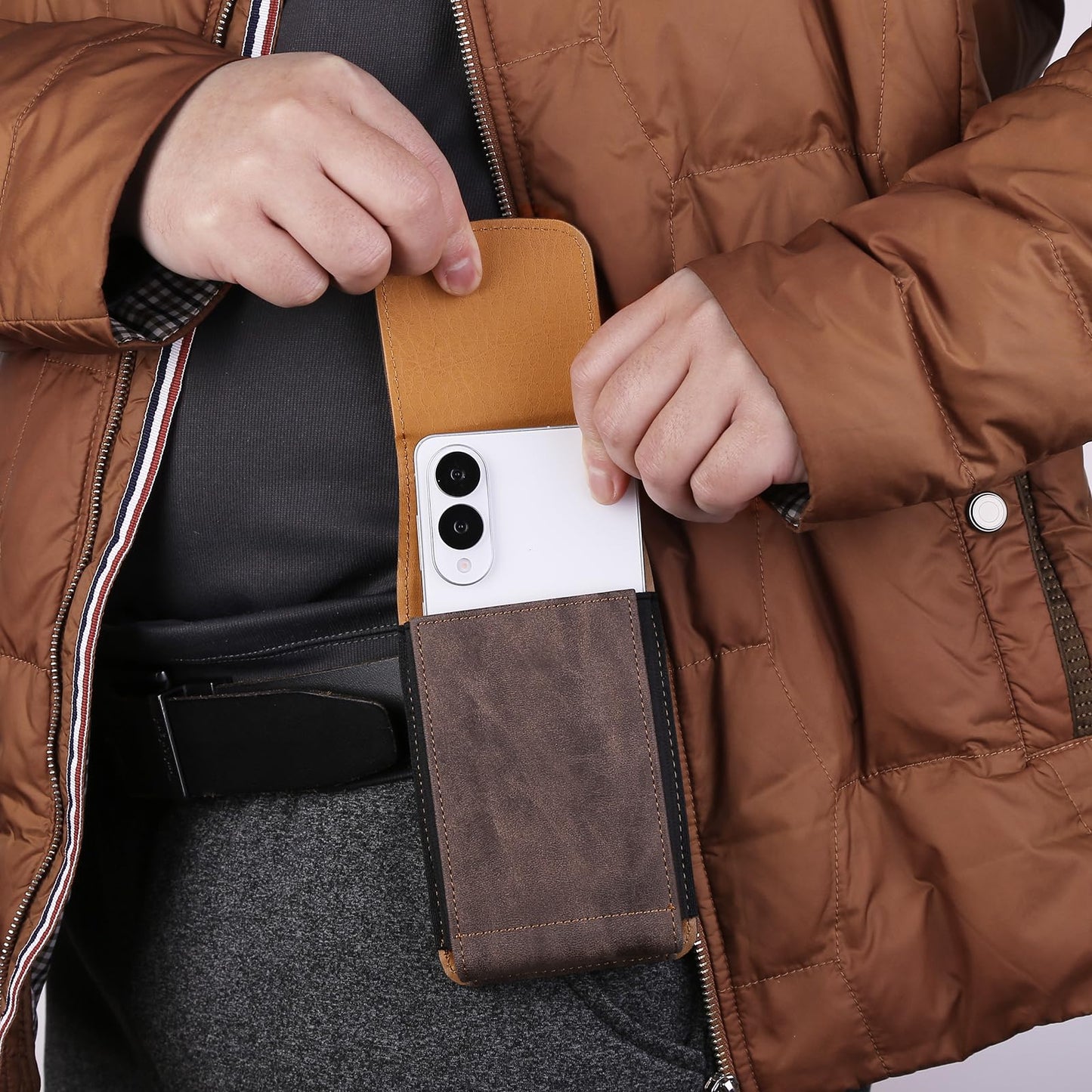 Bourisen Universal Phone Holster Phone Pouch Case Belt Clip Belt Loops Card Slot Faux Leather for Man iPhone 17/16/15pro max,16/15Plus,Samsung S25 24 S23 S22 Ultra (Brown&Yellow, XL(6.6"x3.4"x0.8"))