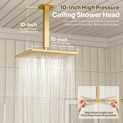 Gold Shower Faucet Set, Brushed Gold Shower System, 10'' Ceiling Shower Head and 6'' Wall Mounted ShowerHead, Dual Gold Shower Head with Handheld Combo, 3 In 1 Push Button Shower Diverter Valve
