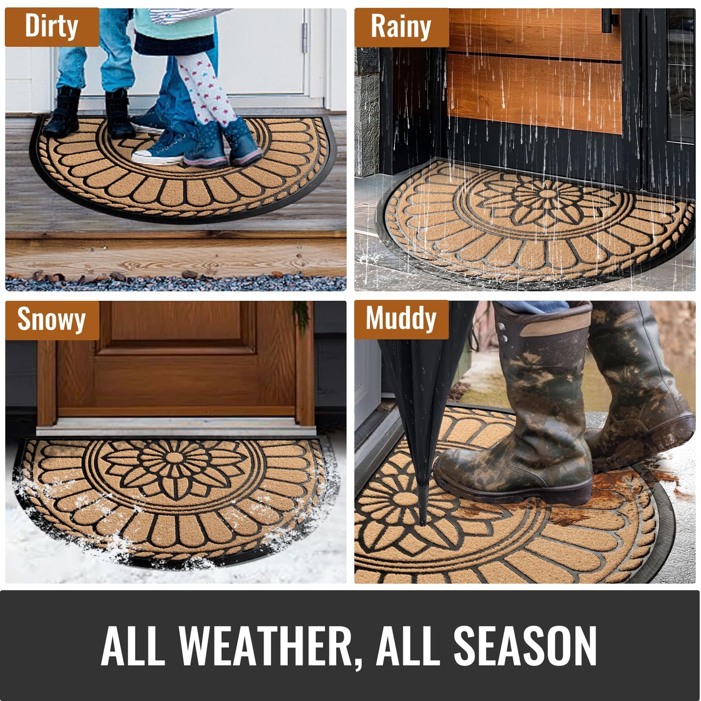 Mibao Front Door Mat Indoor Outdoor Entrance, Semicircular Entrance Mat, Half Round Waterproo Non-Slip Durable Rubber Door Mats, Low Profile Heavy Duty Doormat for Garage, Patio, 30" x 18", Yellow