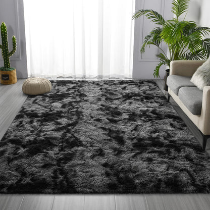 Deerhoo Shag Area Rug, 4 X 6 Tie-Dyed Plush Fuzzy Rugs for Living Room, Ultra Soft Fluffy Furry Rug for Bedroom, Indoor Carpet Nursery Rugs for Kids Room Home Decor, Dark Grey