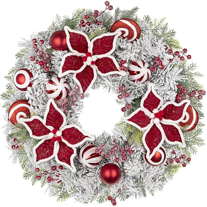 24 inch Christmas Door Wreath, Poinsettia Wreaths for Front Door with Candy Cane Red and White Ball Berries for Fireplace Xmas Decorations, Wall Window Indoor Outdoor Decor