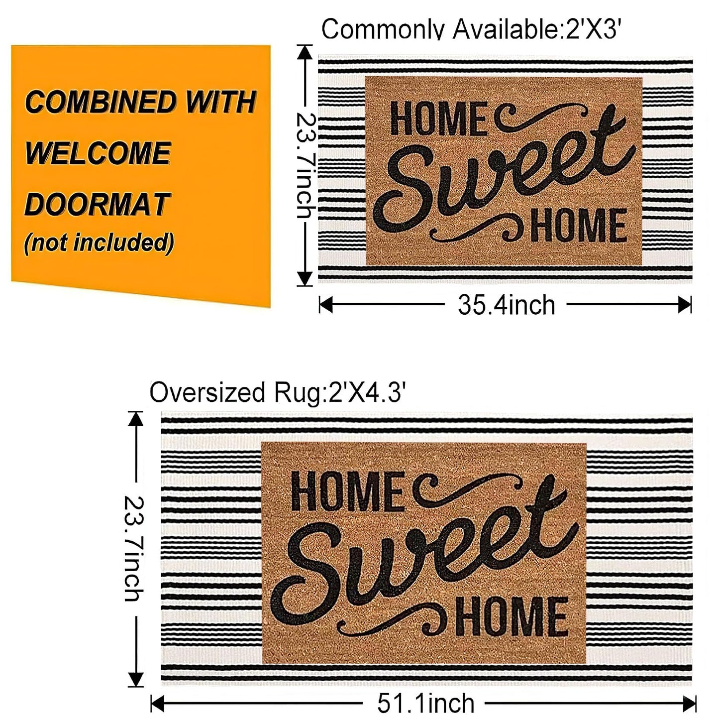 Black and White Striped Outdoor Rug 24'' x 51''Farmhouse Front Porch Rug Hand-Woven Machine Washable Layered Door Mats for Entryway/Bedroom/Patio/Porch Decor