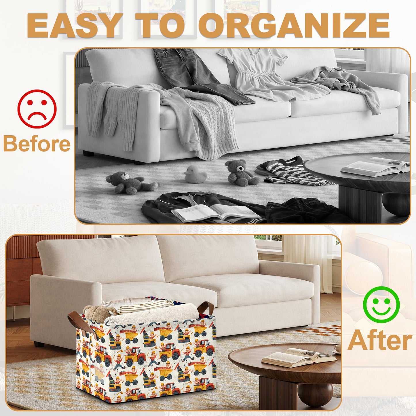 Oeaskly Storage Bins with Handles, Oxford Cloth Storage Basket with Sturdy Frame, Car Excavator Collapsible Organizer for Closet, Shelf, Clothes, Towels, Home Storage