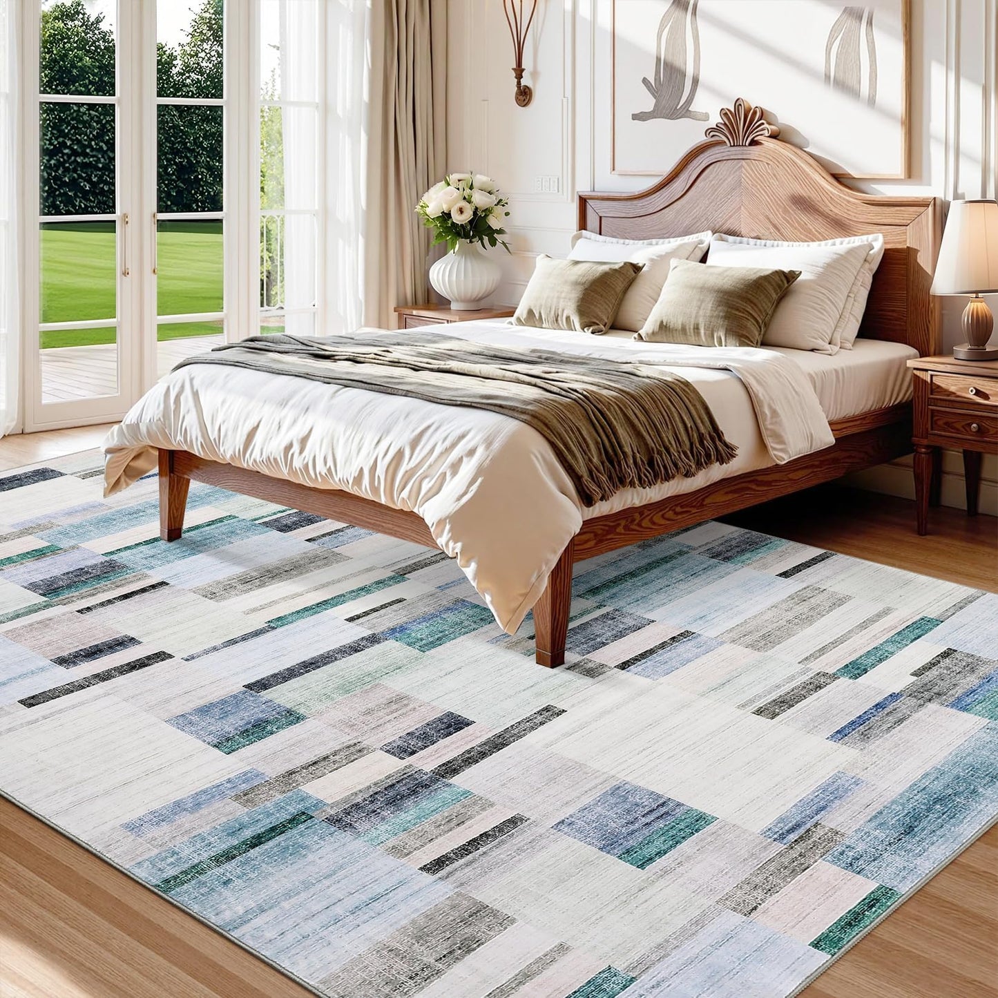 Garvee Washable 8x10 Rugs for Living Room Non Slip Throw Rugs Large Bedroom Rug Modern Geometric Low Pile Non Shedding Stain Resistant Carpet for Dining Room Office Classroom, 8'x10' Blue