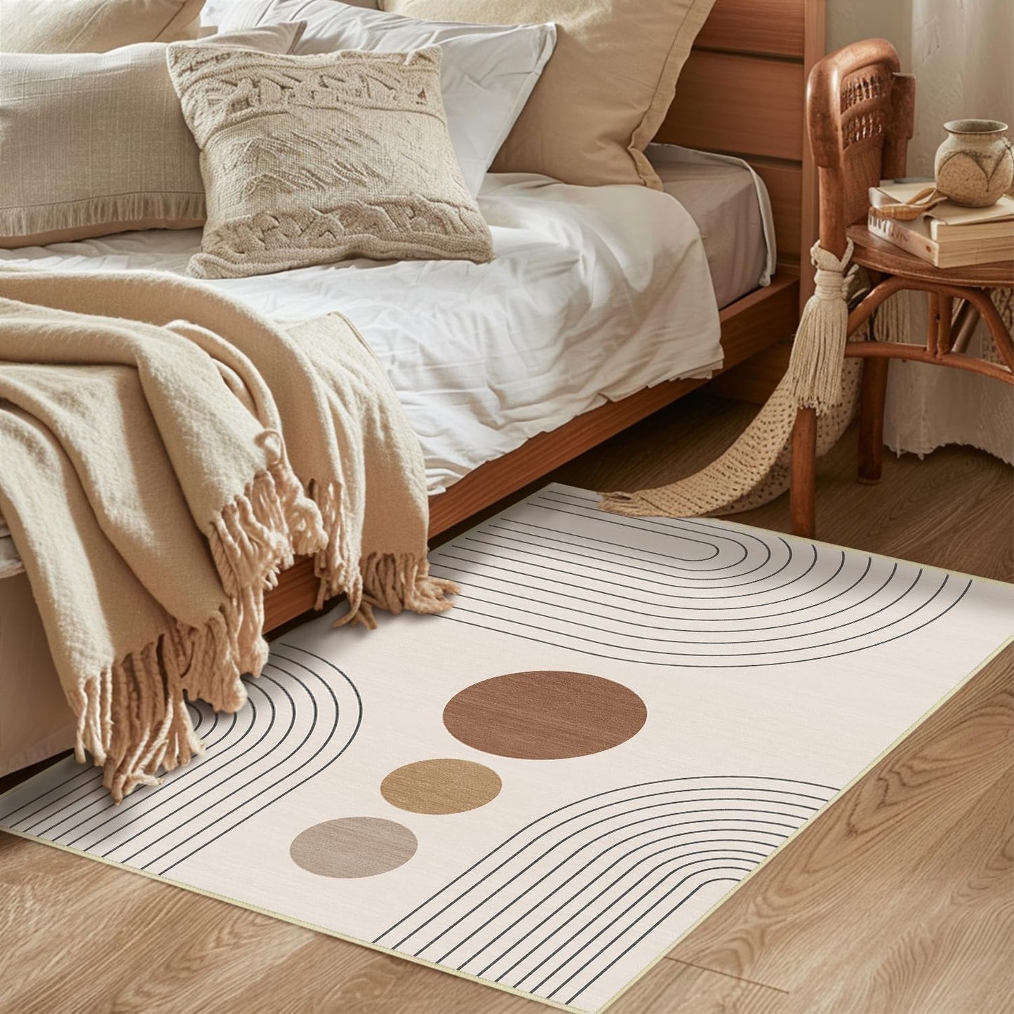 Boho Rug 3x5 Modern Geometric Minimalist Abstract Line Area Rug for Entryway Living Room Neutral Beige Mid Century Modern Machine Washable Non-Slip Printed Low-Pile Floor Carpet for Kitchen Bedroom