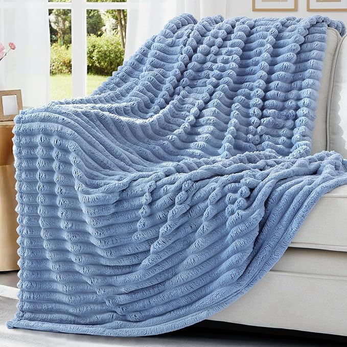 decorUhome Soft Fleece Blue Grey Blanket King Size for Bed, Cozy Fluffy Plush Flannel Large Striped Throws for Couch Sofa, Lightweight Decorative Fuzzy Blanket for Woman, 108x90 Inches