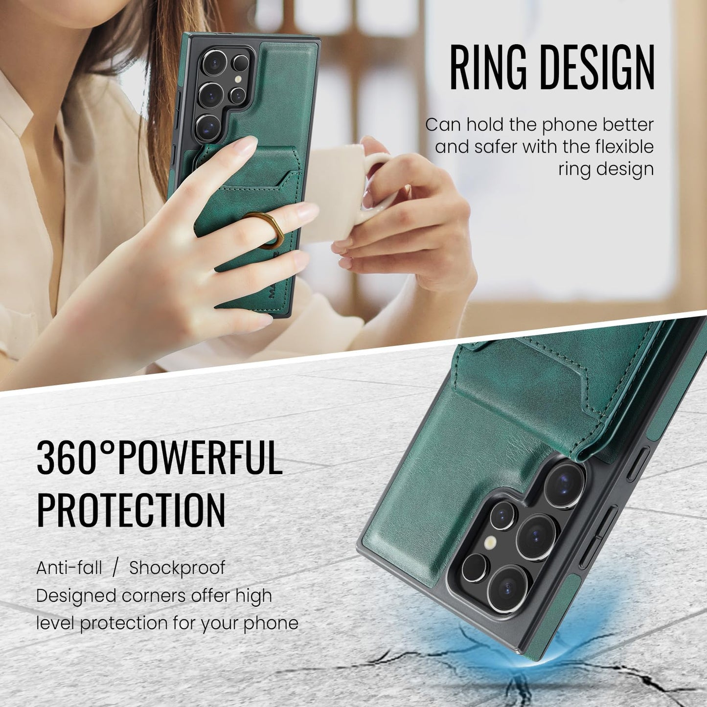 Konstreet for Samsung Galaxy S26 Ultra 2 in 1 Detachable Card Bag Wallet Case Durable Leather Wallets Magnetic Card Holder 4 Card Slots Ring Stand RFID Blocking Green