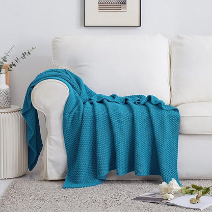 Longhui bedding Teal Knitted Throw Blanket for Couch, Soft, Cozy Machine Washable 100% Cotton Sofa Knit Blankets, Heavy 4.0lb Weight, 60 x 80 Inches, Teal Color.