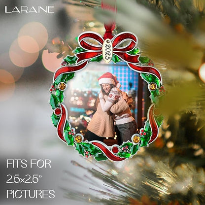 Laraine Christmas Tree Ornaments – Decorative Hanging 2025 Holiday Keepsake Gift Pendant with 2.5" Photo Frame Insert for Picture of Pet (Wreath (2025))