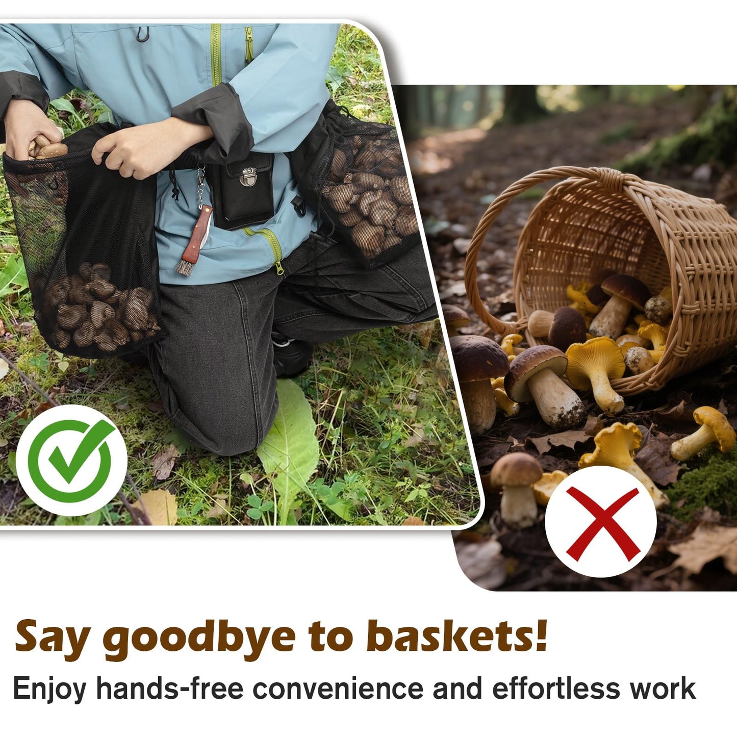 ProtectHobby Mushroom Foraging Bag Kit with Adjustable Waistband - 2 Folding Mesh Bags & Leather Tool Pouch, Suitable for Collecting Mushroom and Berry Pickers