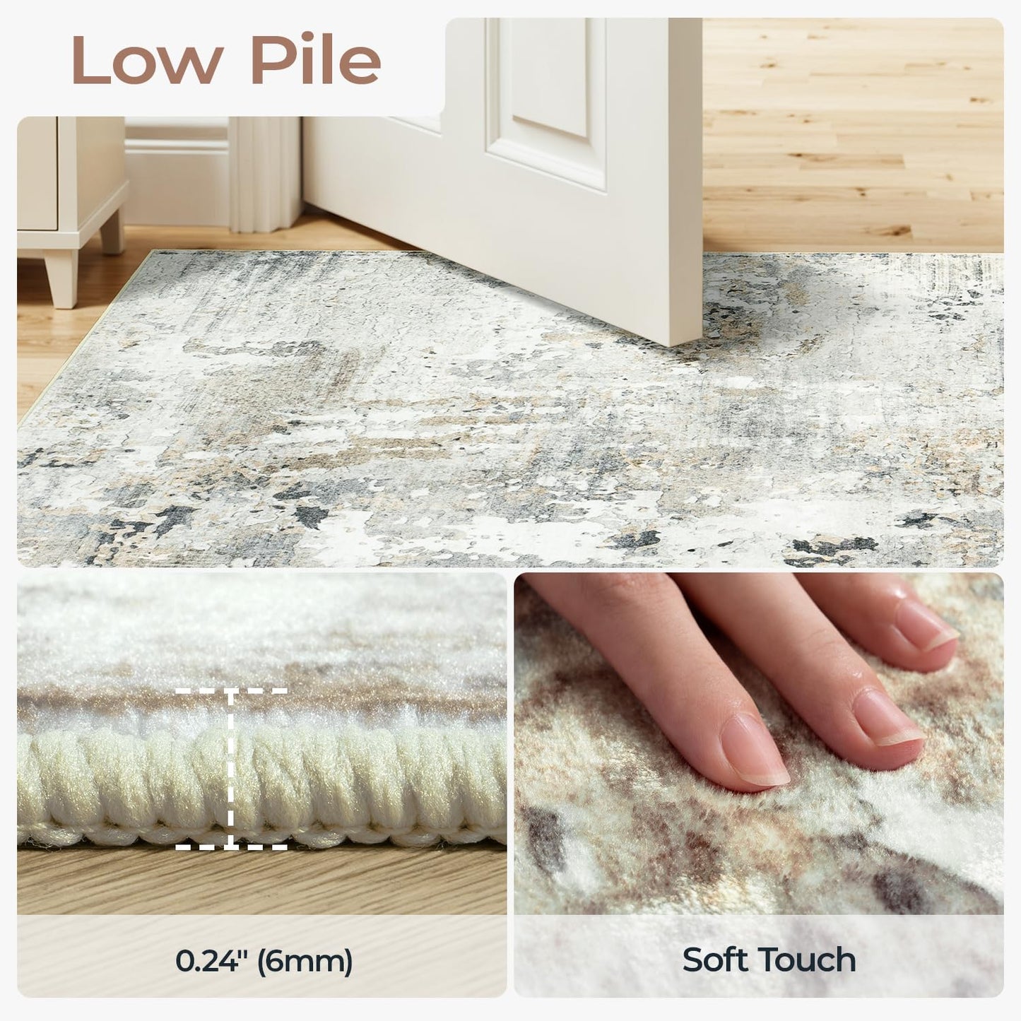 Carpelux 5x7 Area Rugs, Neutral Machine Washable Rugs for Living Room, Abstract Modern Soft Non-Slip Thin Print Floor Carpet for Bedroom Kids Room, Brown/Grey