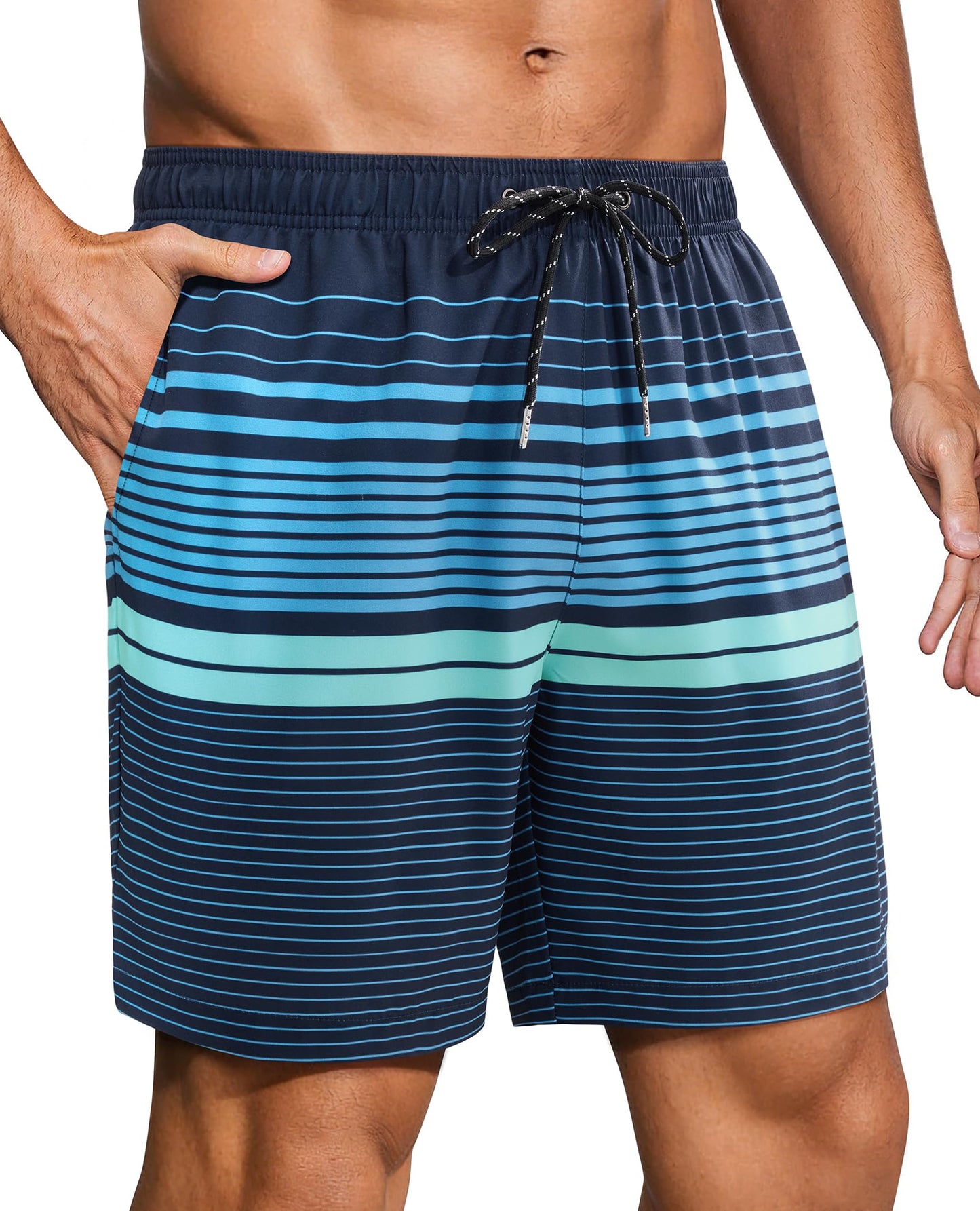 Gleeease Mens Swim Trunks 7 Inch Mens Bathing Suit with Mesh Liner 7 Inch Stretch Quick Dry Lined Pockets Drawstring Funny Beach Swimming Pool Surf Holiday Striped Large Swim Trunks