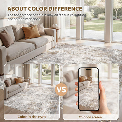 UERMEI 9x12 Washable Area Rug - Neutral Modern Abstract Living Room Rugs, Non-Slip Soft Large Indoor Floor Carpet for Bedroom Home Office & Under Dining Table Decor, Brown Grey
