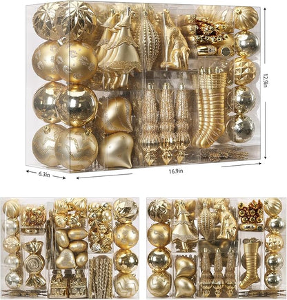 SHareconn 145pcs Christmas Balls Ornaments Set, Shatterproof Plastic Baubles Snowflakes, Stars and Tree Topper for Xmas Tree Holiday Wedding Party Decorations with Hanging Strings, Dark and Light Gold