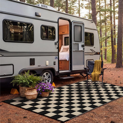 Klyyo Clyro Black Beige Checkerboard Outdoor Rug 5 x 8 ft Checkered Plastic Straw Camping Mat Foldable Reversible Patio Carpet for Rv Deck Camper Porch Backyard Picnic Beach Outdoor Garden