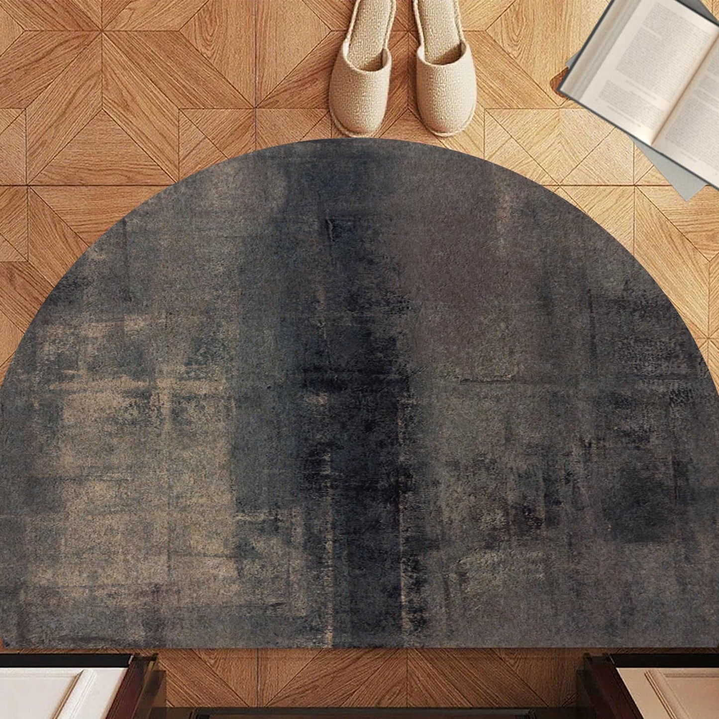 TOMWISH Half Circle Door Mat Blue Semi Circle Bathroom Floor Rug Entrance Way Absorbent Bath Mat for Kitchen Living Room 18" X 30"