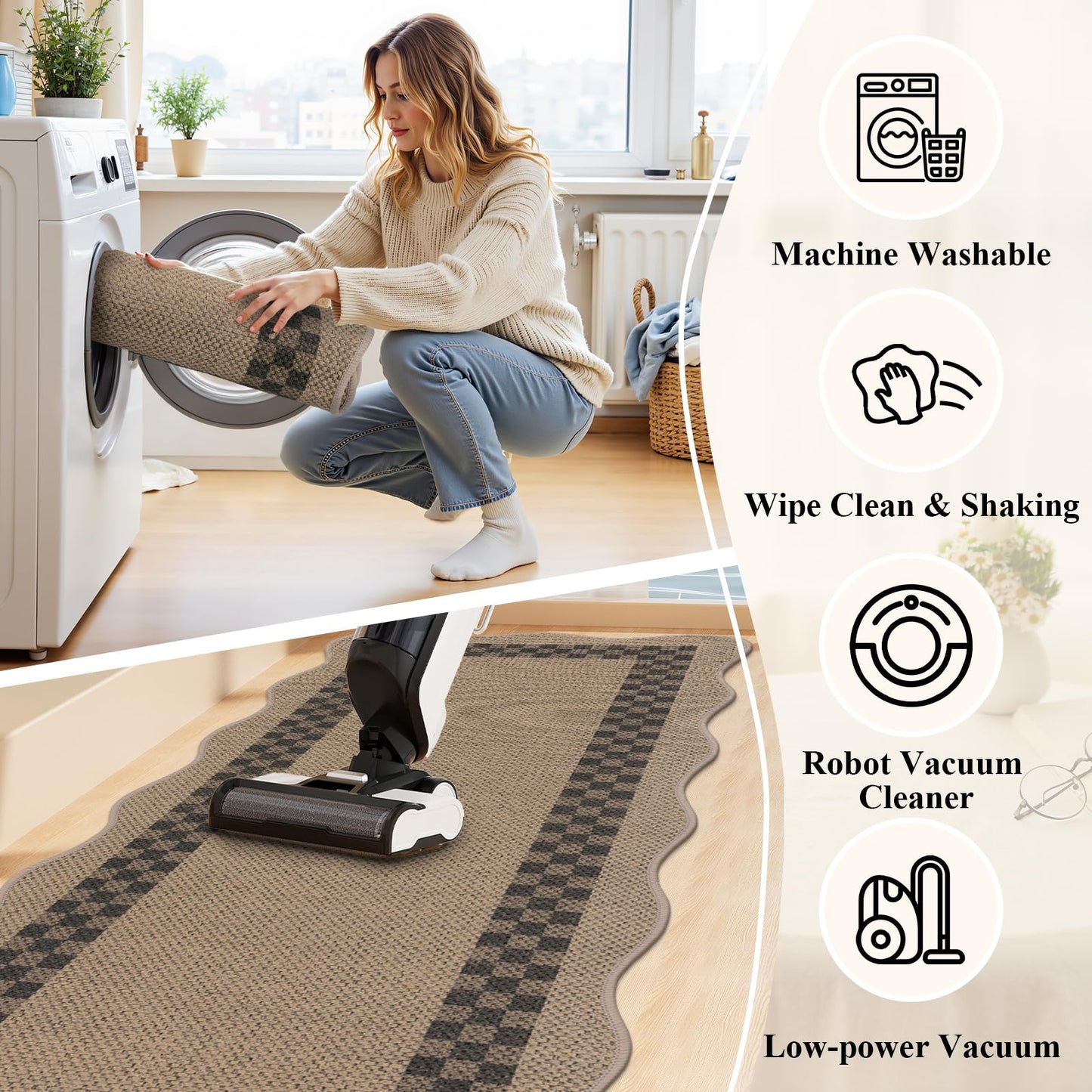 U'Artlines Non-Slip Scalloped Kitchen Rugs Set 3 PCS, 20"x32"+ 20"x48"+20"x59" Washable Low Profile Easy Jute Kitchen Floor Mats Runner Set for Sink Hallway Entryway Laundry Decor(Checked)