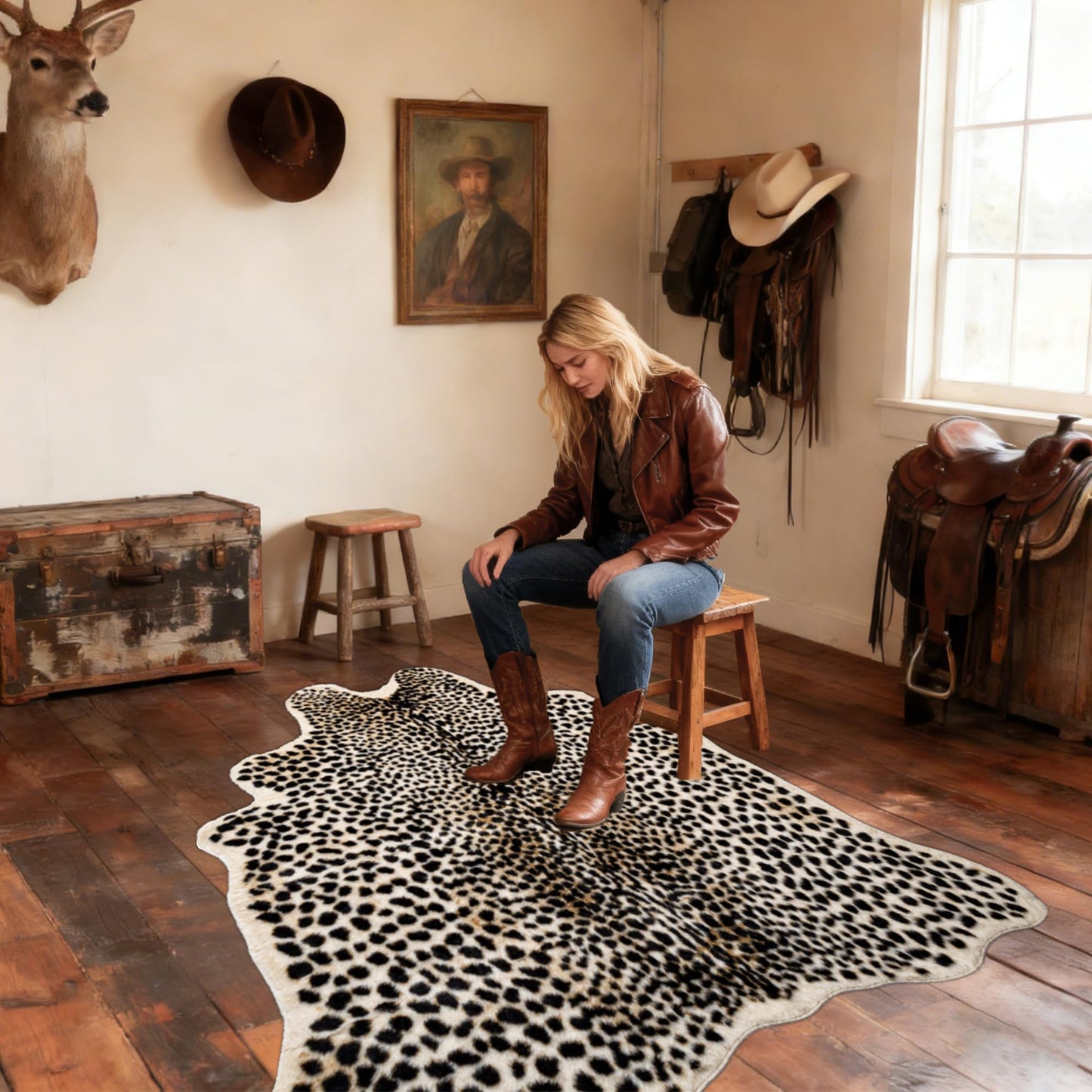 Mibathni Cheetah Print Rug, Leopard Rug Faux Cowhide Animal Skin Fur Hide Cheetah Area Rug Carpet for Living Room Bedroom Western Decor 6.7 x 5.2ft