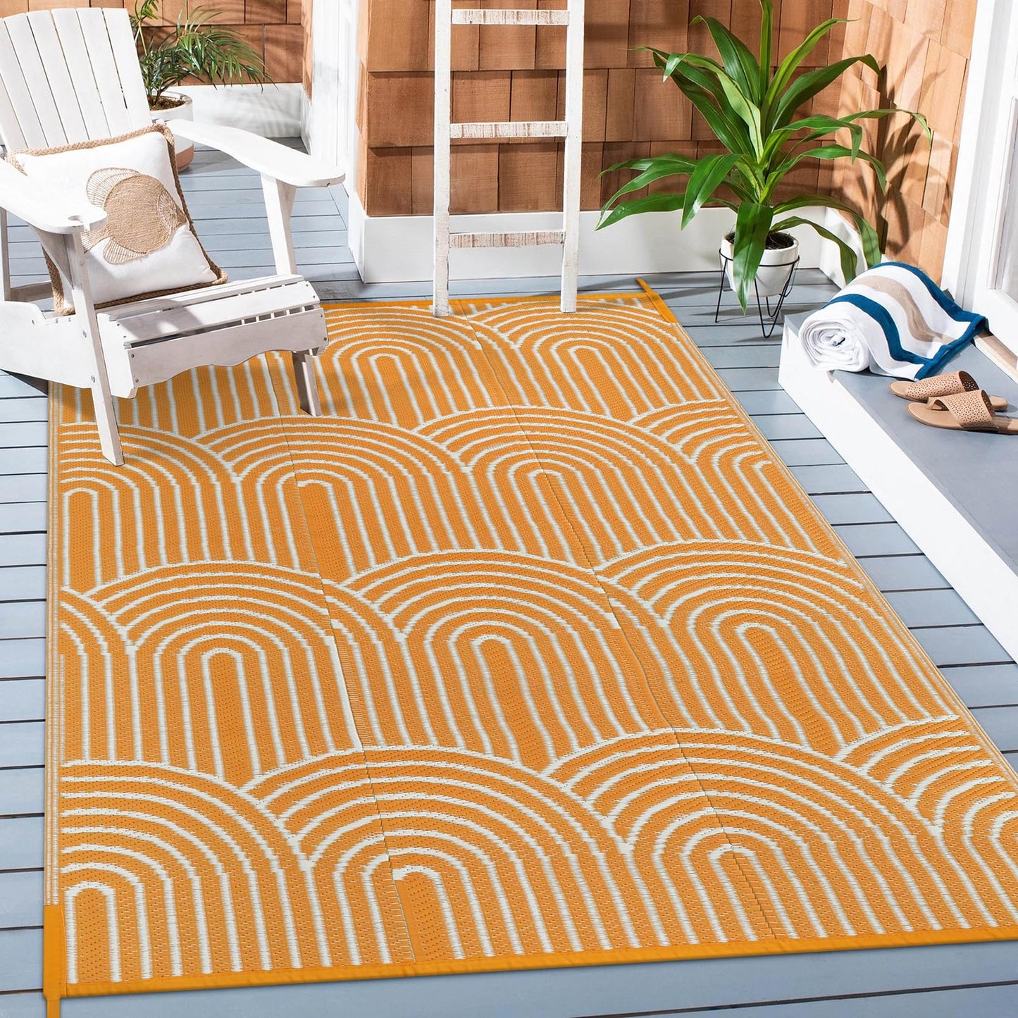 Lahome Outdoor Rugs 6x9 Patio Waterproof, Plastic Straw Rug Reversible RV Mat, Large Portable Outside Camping Carpet for Porch Floor Balcony Deck Tent Fall(Rainbow Orange, 6'x9')