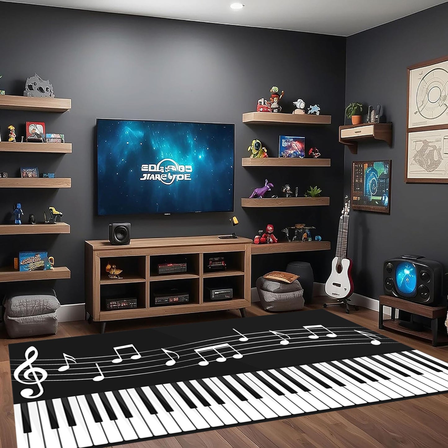 Musical Note Runner Rug, 1.3x7ft, Piano Rug Sheet Music Pattern Music Lovers Non-Slip Carpet, Black White Music Themed Carpet Aisle Rugs for Living Room Bedroom Kitchen Foyer