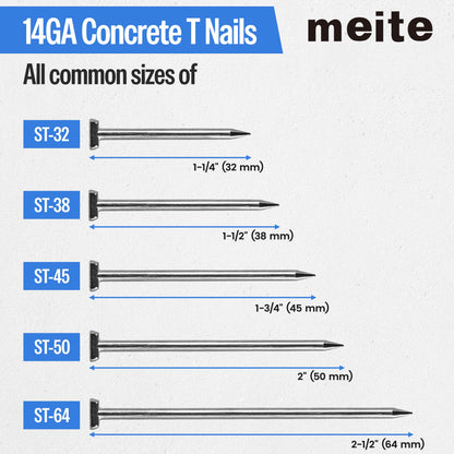 meite 14 Gauge Concrete Nails 2 Inch Leg T-Nails for Concrete Nailer Gun, Galvanized Glue-collated Steel T Nails for Furring Strips Decking Truss Building, 400PCS/Box