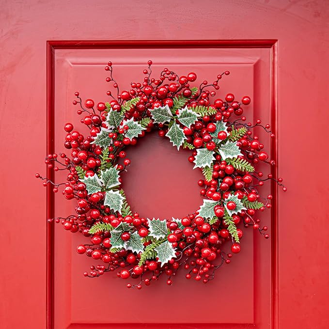 JINGHONG Artificial Christmas Wreath 20 Inch Christmas Wreaths for Front Door Red Berry Wreath with Holly Berries Leaves Pine Needles for Indoor Outdoor Xmas Winter Holidays
