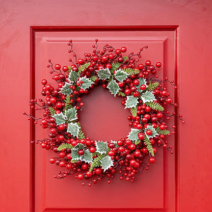 JINGHONG Artificial Christmas Wreath 20 Inch Christmas Wreaths for Front Door Red Berry Wreath with Holly Berries Leaves Pine Needles for Indoor Outdoor Xmas Winter Holidays