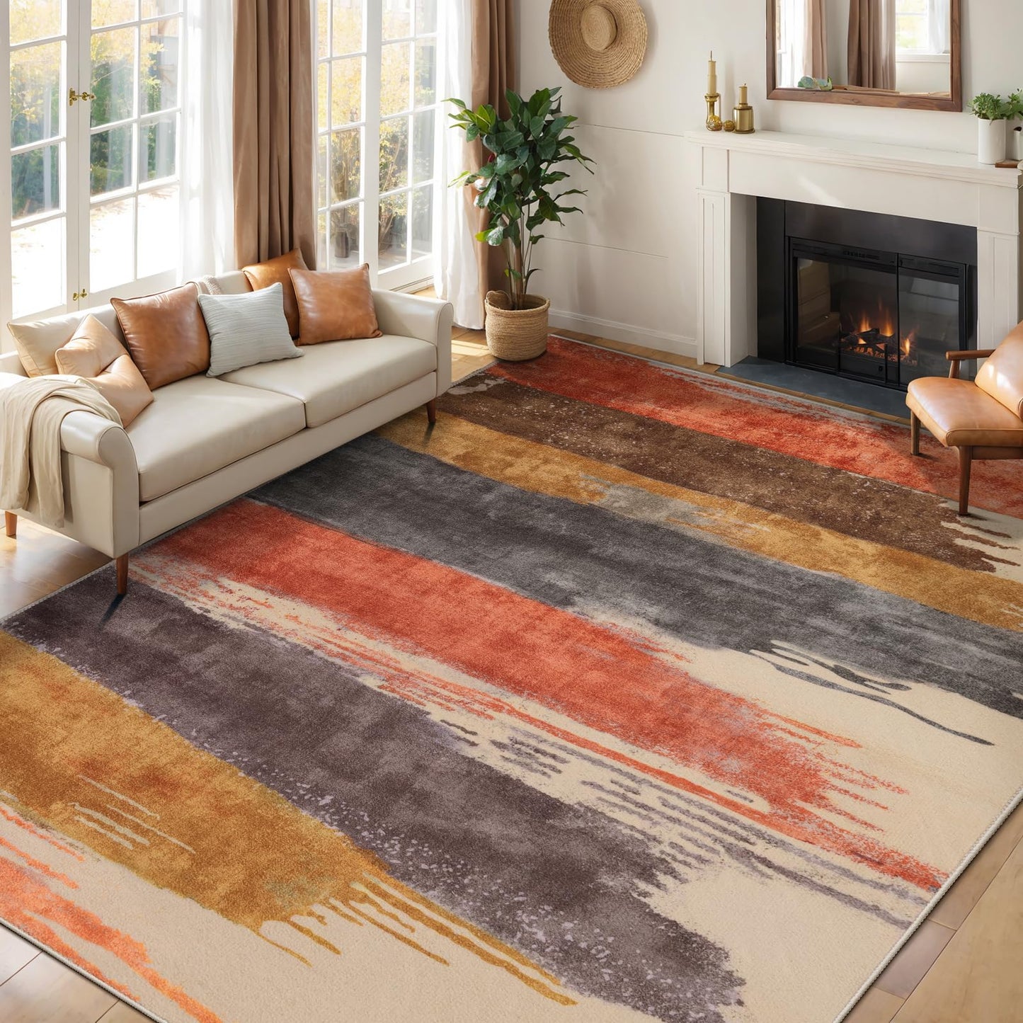 Ciicool Modern Abstract Rug for Living Room, 5'x7' Machine Washable Area Rug Non-Slip Rug, Low-Pile Contemporary Indoor Dining Floor Carpet for Bedroom Office Under Table Home Decor Red Yellow Gray