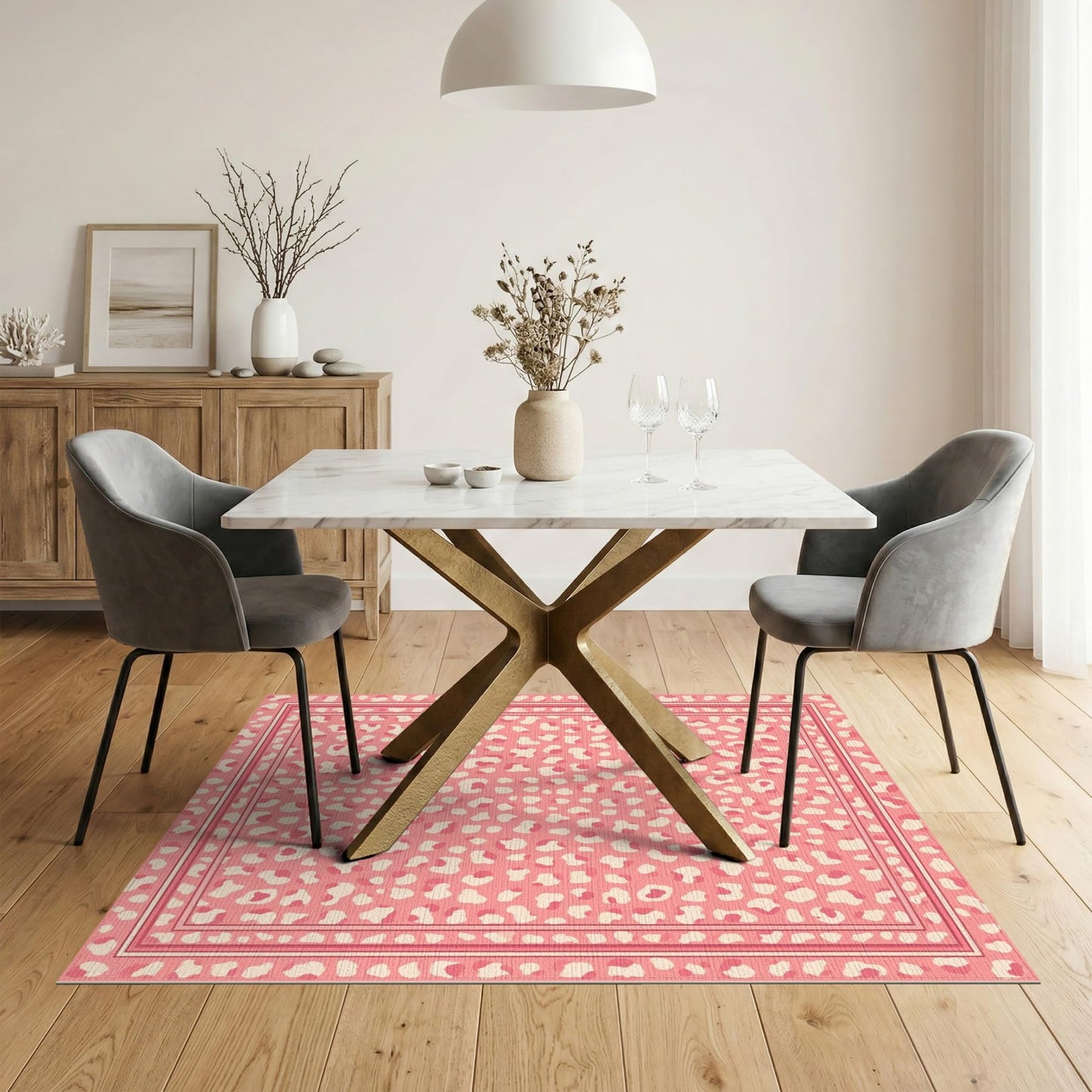 ODIKA 5'x7' Washable Area Rug Print Spotted Leopard Inspired Border Abstract Motif Pink Cheetah Refined for Dining Room, Under Table, Home Office, Non-Slip Chair-Friendly