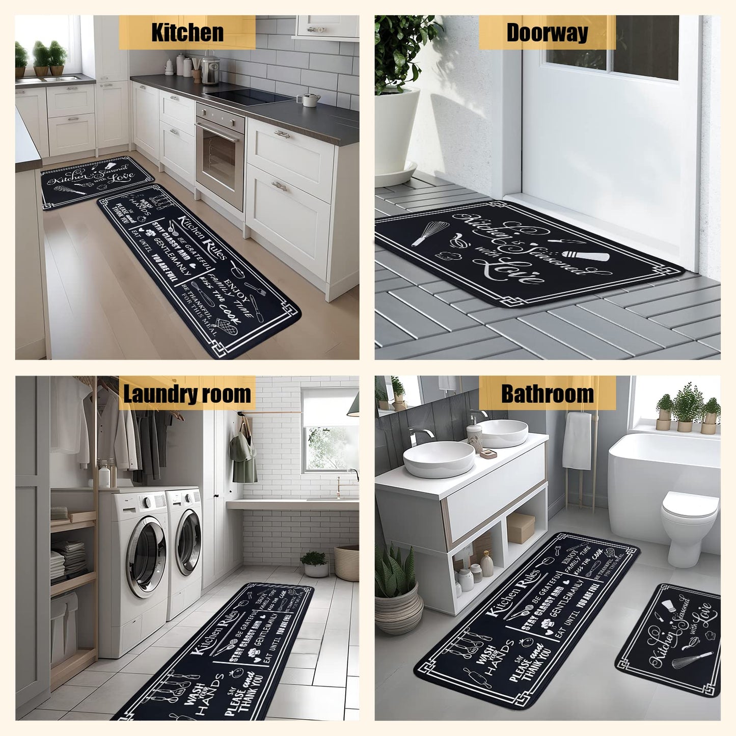 Voanos Black and White Kitchen Rugs,Non Skid Washable Microfiber mats for Kitchen Floor,Kitchen Rules Theme Cushioned Runner Rug Decor Sets of 2,Size 17"x 47"+17"x 30"