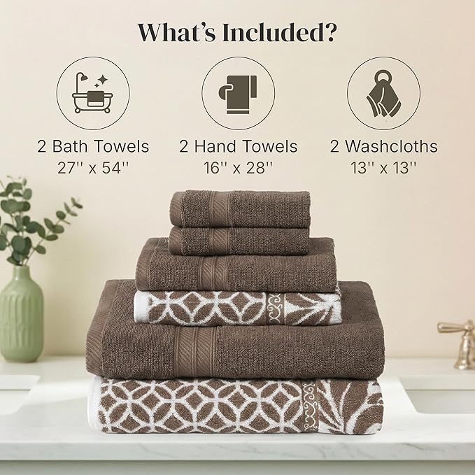 Modern Threads Trefoil Filigree 6-Piece 100% Cotton Towel Set – Reversible Yarn