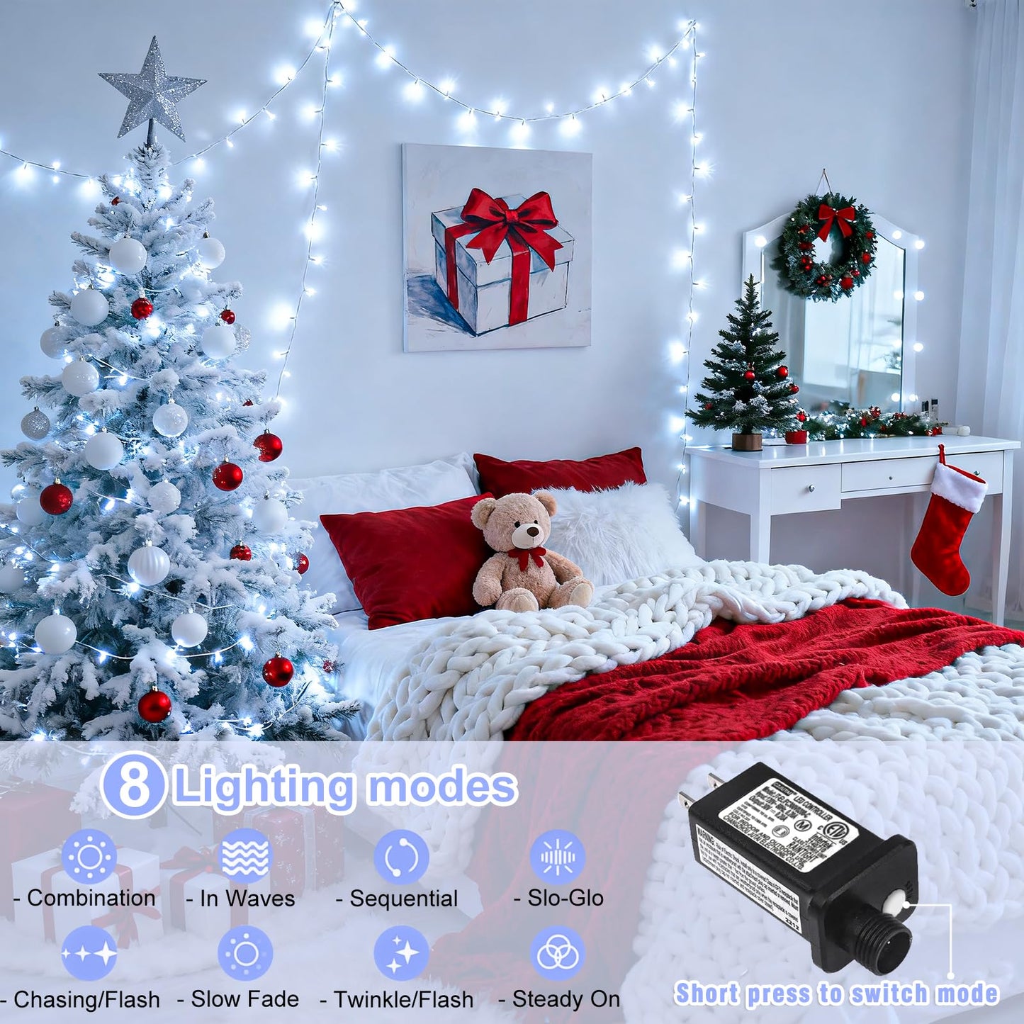 100FT 300 LED Outdoor String Lights, Plug in Connectable Christmas Lights Indoor Waterproof, 8 Modes Clear Wire String Lights for Outside Patio Garden Wedding Party Holiday Decorations, Cool White